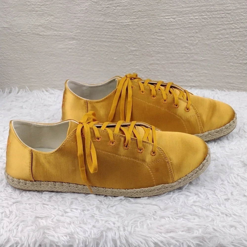 TOMS Yellow Gold Satin Upper Round Toe Lace Up Low Top Espradrille Sneaker Shoe